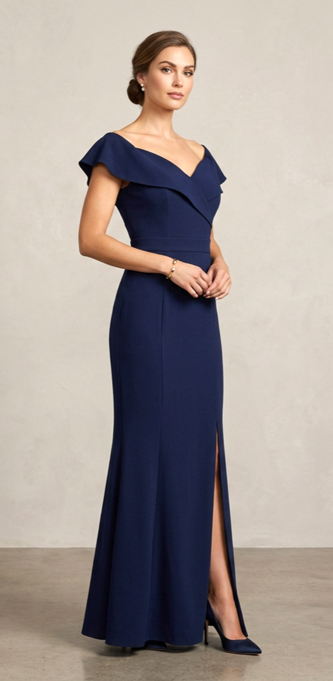 Alexa B Nites Navy Blue Formal Long Gown Dress 6P Petiite‎ draped neckline